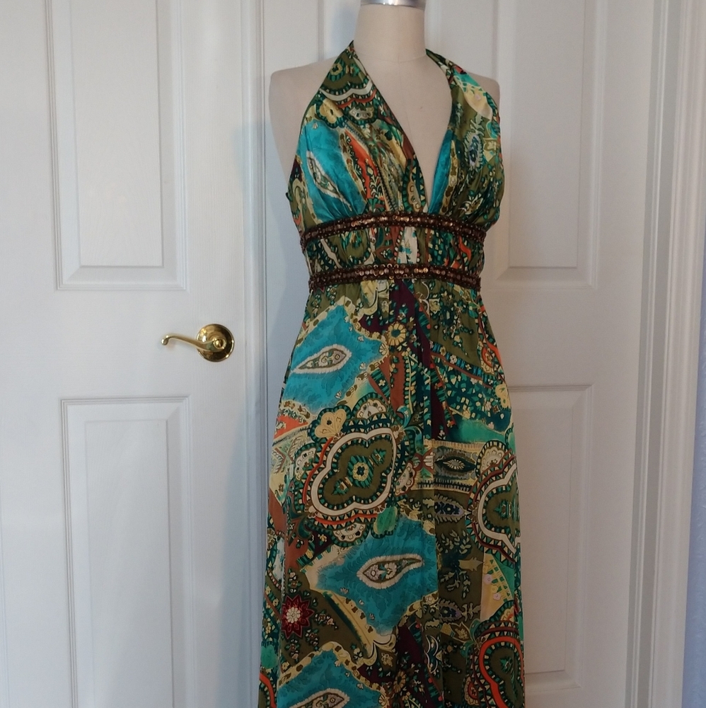 Kay Unger York Silk Beaded Bohemian Green Dress Lo